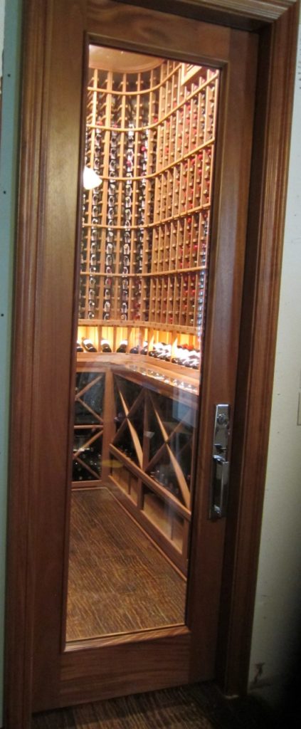 Square Top Barolo Custom Wine Cellar Door in Mahogany Designed by Experts in Denver